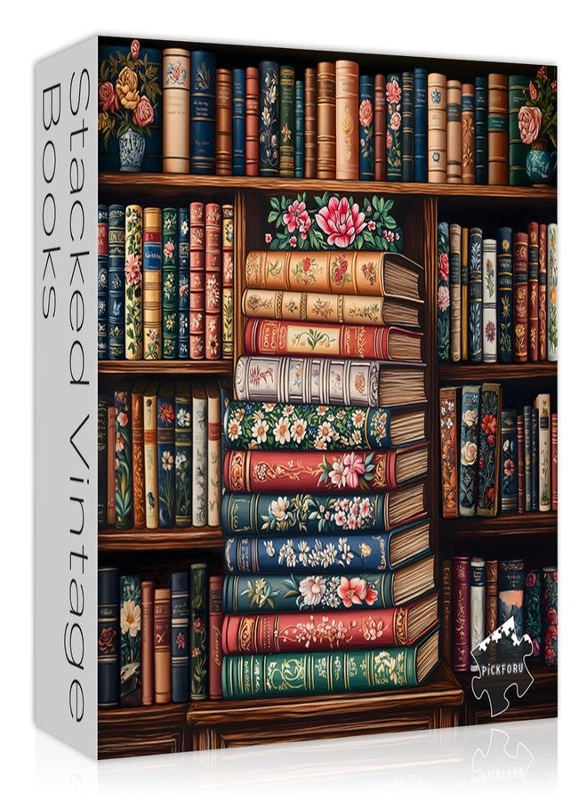 PICKFORU Vintage Book Puzzles for Adults 1000 Pieces, Bookshelf Wildflower Pages Jigsaw Puzzle, Retro Library Aesthetic Puzzle Floral, Challenging Hard Puzzles for Book Lovers - Image 1